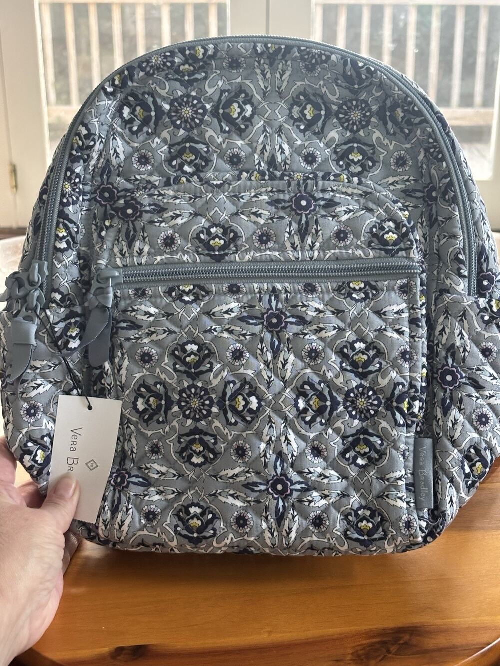 Vera Bradley Small Backpack Plaza Tile Floral Gray Blue White Zip Inner Pockets